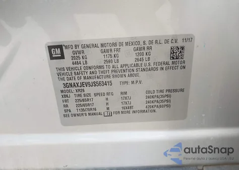 2018 Chevrolet Equinox Lt z USA, uszkodzony, nr VIN 3GNAXJEV9JS563415